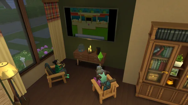 Two Sims, a child and an elder, playing Voidcritters on a TV in a cosy living room in The Sims 4: Adventure Awaits on a video games console.