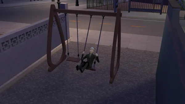 Vlad, the grand vampire in The Sims 4: Vampires, playing on a swingset in Ciudad Enamorada from The Sims 4: Lovestruck in the dark.