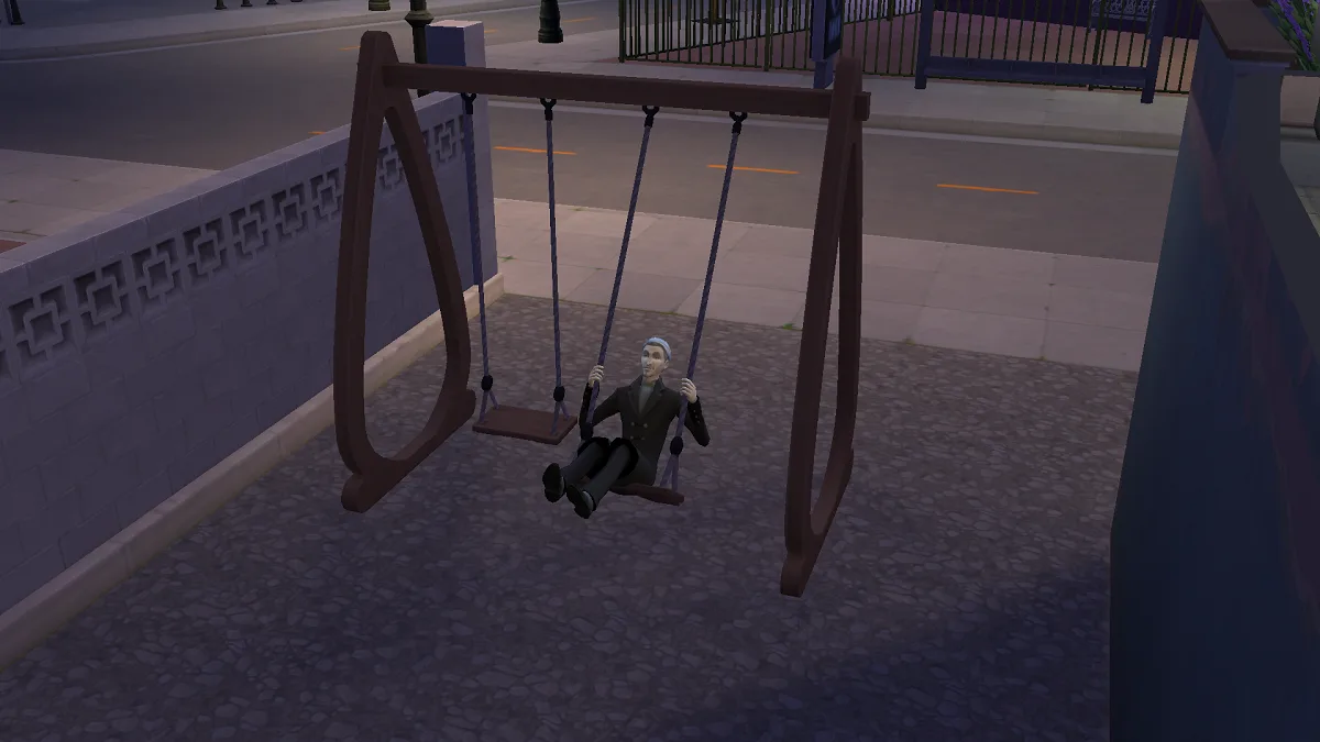 Vlad, the grand vampire in The Sims 4: Vampires, playing on a swingset in Ciudad Enamorada from The Sims 4: Lovestruck in the dark.