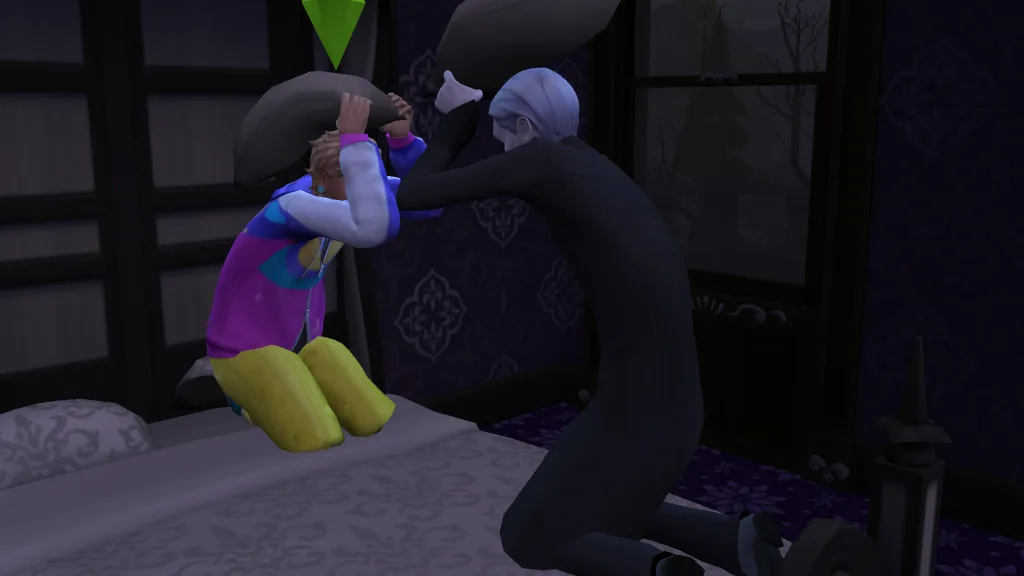Vlad pillow fighting a human Sim who is waring bright colours in his dark manor in Forgotten Hollow in The Sims 4: Vampires.