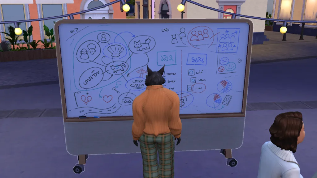 A werewolf wearing an orange jumper and green plaid trousers stood in front of a whiteboard covered in drawings about animals and people in The Sims 4: Werewolves.
