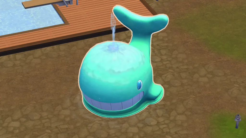 Whalebert, a large blue whale toy and water fountain, emitting water next to a pool in The Sims 4.