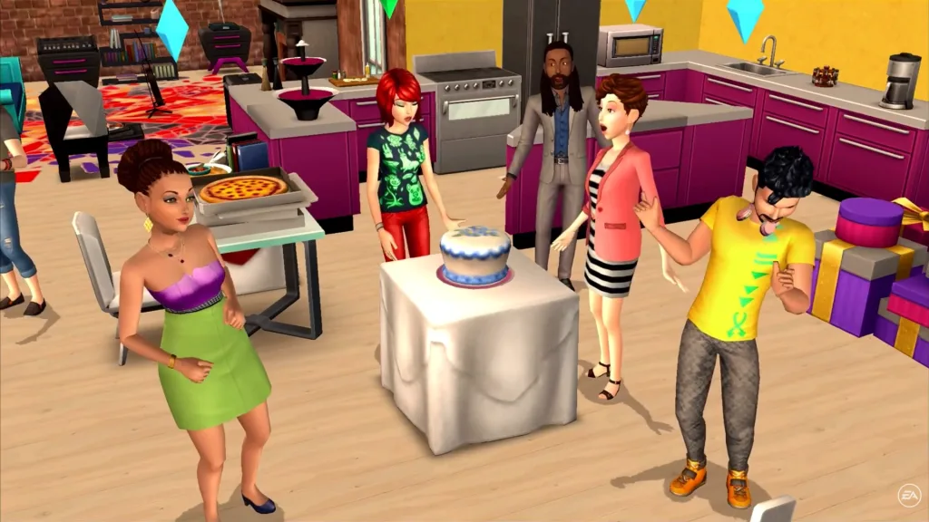 A group of Sims partying, eating pizza, and blowing out candles on a cake in a kitchen full of presents and party gear.