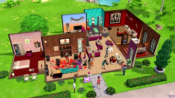 An overview of a house in The Sims Mobile, showing many rooms full of Sims doing different activitis, including talking to each other and playing music.