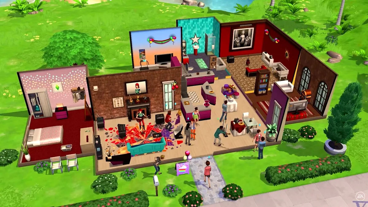 An overview of a house in The Sims Mobile, showing many rooms full of Sims doing different activitis, including talking to each other and playing music.