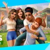Four people in a campus or park, joshing around in a friendly manner. There is text overlaid reading 'The Sims Mobile'.
