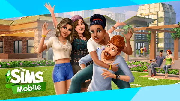 Four people in a campus or park, joshing around in a friendly manner. There is text overlaid reading 'The Sims Mobile'.