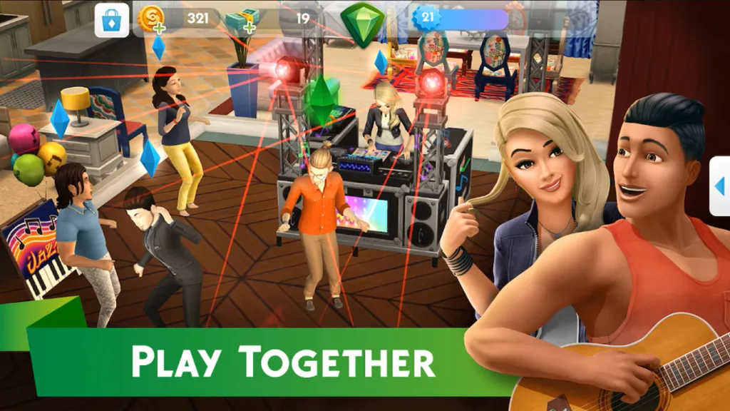 A group of people dance in front of a DJ turntable. In the foreground a pair of people are stood.