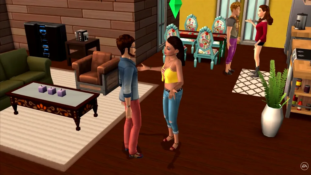 Four Sims stood in pairs in a room on opposites sides talking to each other in The Sims Mobile. Lots of kitsch and colourful furniture fills the room.