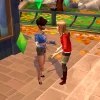 Two Sims in The Sims Mobile talking to each other outside in a city setting, with a building behind them and a sign with a plumbob on it.
