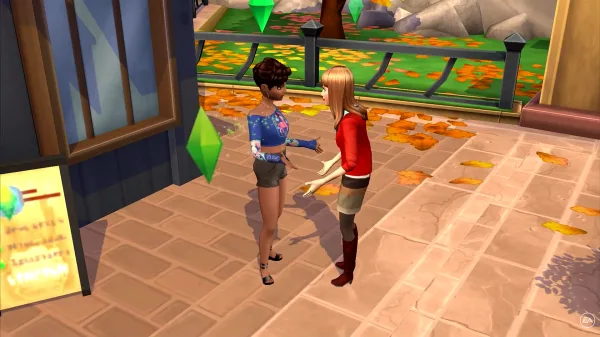 Two Sims in The Sims Mobile talking to each other outside in a city setting, with a building behind them and a sign with a plumbob on it.