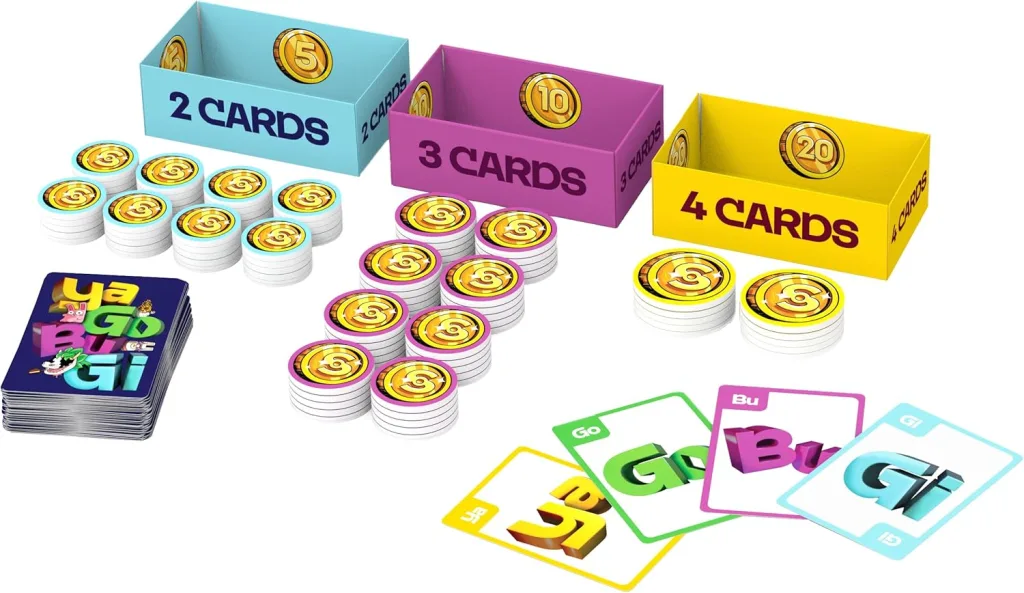 Three differently coloured Simoleon tokens in blue, pink, and yellow, alongside an illustrated deck of YaGoBuGi cards.