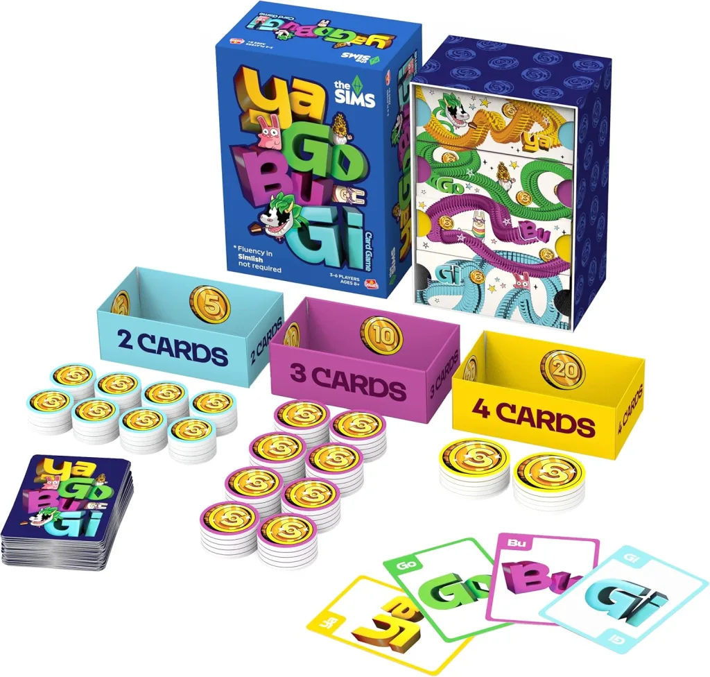 A breakdown of everything included in The Sims YaGoBuGi, including Simoleon tokens, cards, trays, and the box.