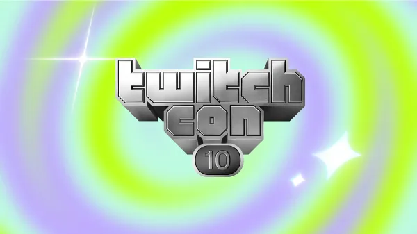 A glitzy steel logo on a purple and green background reading 'Twitchcon 10'