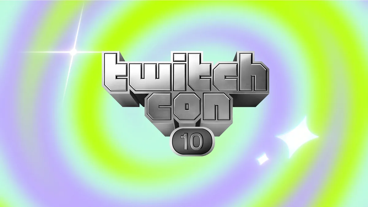 A glitzy steel logo on a purple and green background reading 'Twitchcon 10'