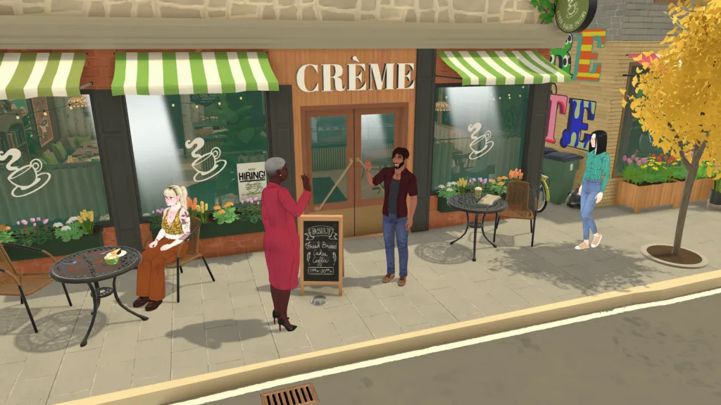 Four Paras gathering outside of Creme, seemingly a cafe in Paralives. Two Paras are waving to each other on the street, while one walks and another sits with food.