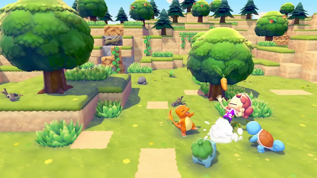 A human-Ditto in Pokopia pulling a carrot while interacting with a charmander, bulbasaur, and squirtle in a forest.
