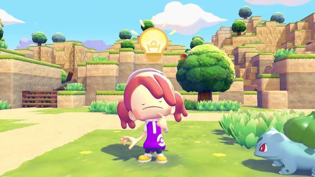 A Ditto human in Pokopia looking thoughtful surrounded by trees and cliffs while talking to a Bulbasaur.