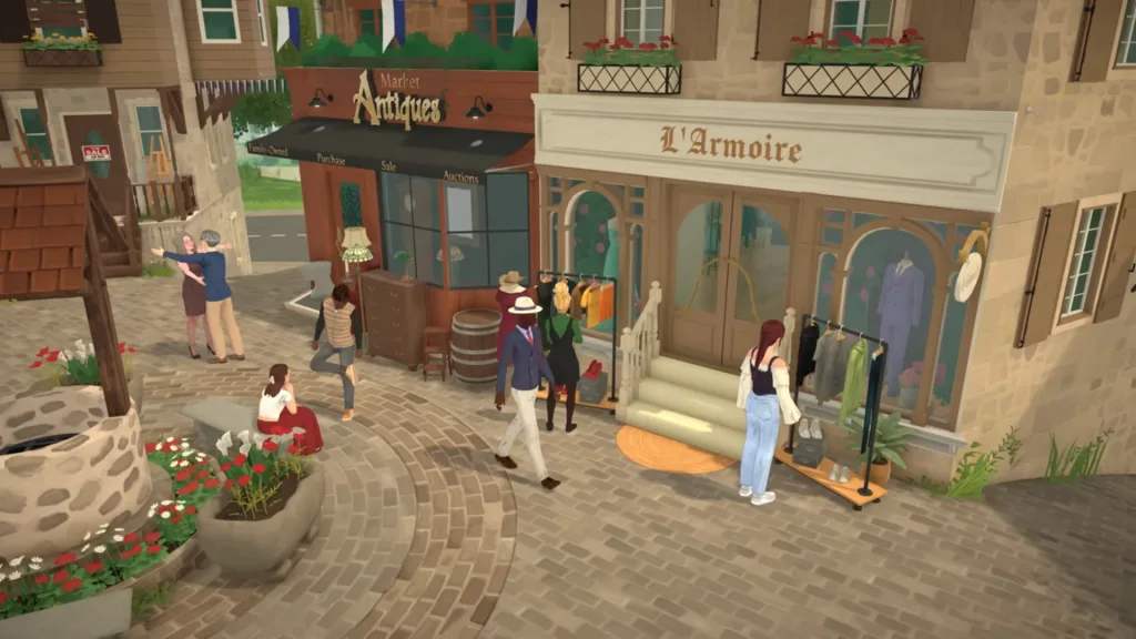 An antique shop and l'Armoire clothes shop in the built-up old town area in Paralives' town, with Parafolk walking around outside around a well and flower planter.