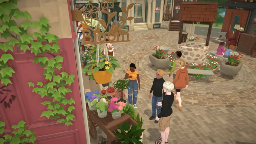 Eight Parafolk walking around a town plaza by flower beds and a well outside of a pink florist named Bloom in Paralives.