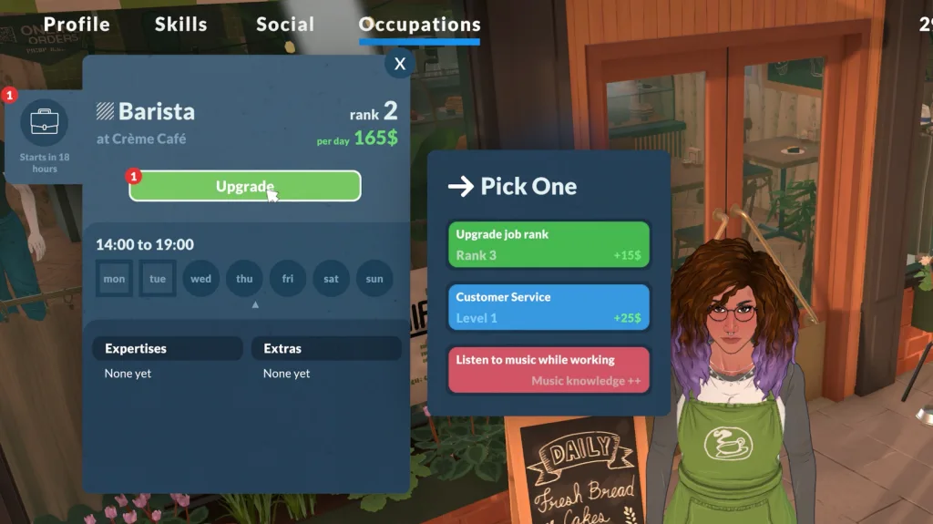 The Occupations menu in Paralives showing a work menu, with the Barista job and upgrades available, alongside working schedules and Expertises.