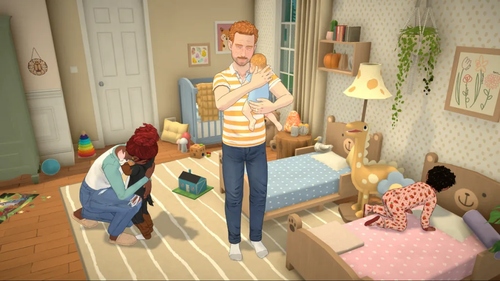 A family of four in Paralives playing and hugging in a pastel coloured play room.