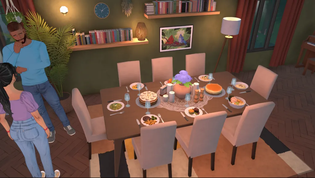 A well-stocked table in Paralives showing lots of different food, meals, desserts, cakes, and so on, with table settings and a centerpiece.