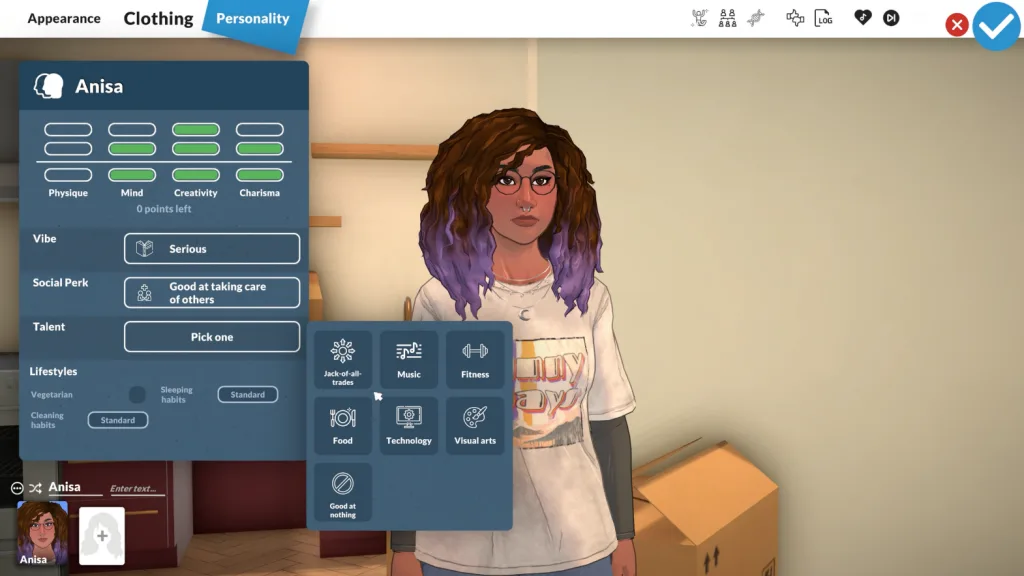The personality section of the Paramaker in Paralives, showing personality points, vibes, social perks, talent, lifestyles, and a Para stood in the back.