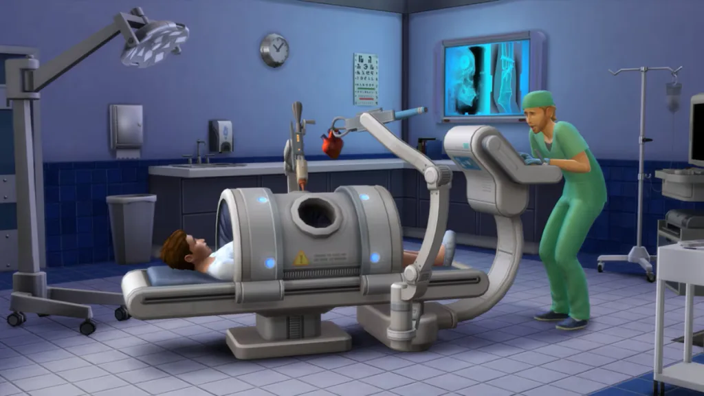 A doctor unsurely tries to operate an MRI machine with a concerned patient inside.