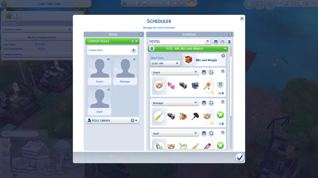 The activity scheduler in The Sims 4: Adventure Awaits, showing timeslots, roles, and activities.