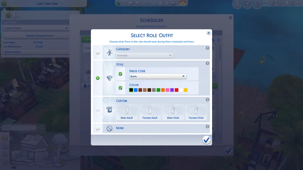 The Select Outfit customisation menu showing a breakdown of exactly how to select outfits.