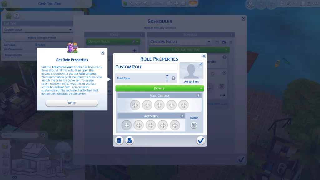 The role properties menu in The Sims 4 Adventure Awaits showing how to create a custom role for custom venues.