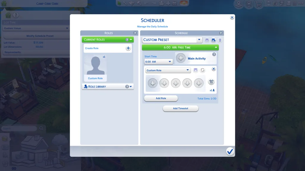 A completely blank custom venue scheduler editor in The Sims 4: Adventure Awaits.