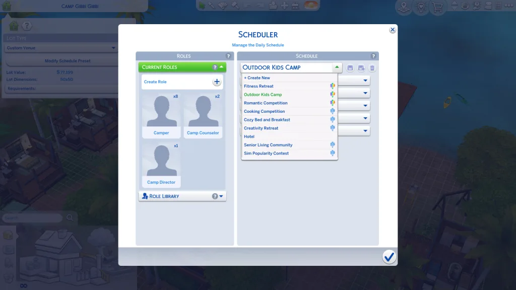 The scheduler in the custom venues editor in The Sims 4 showing the drop-down list of presets.