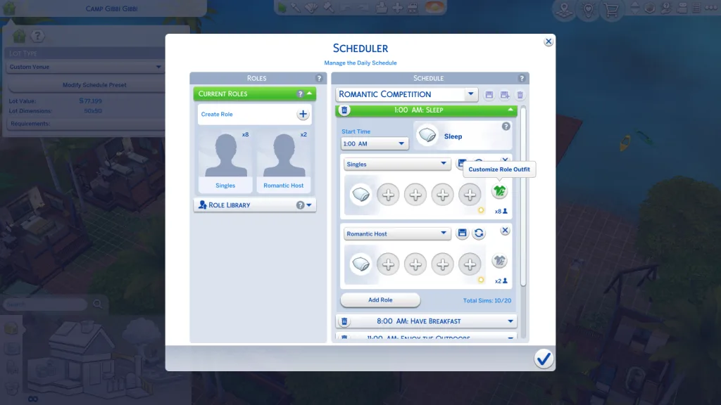 A scheduler in The Sims 4: Adventure Awaits showing the Romantic Competition sleep preset, with the Customise Role Outfit option highlighted.