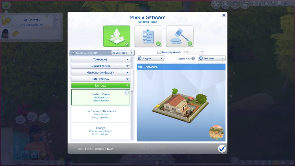 The Plan A Getaway menu showing a drop-down list of all the worlds in the Sims 4 with Tartosa selected, showing a hotel on th Plan A Getaway page.