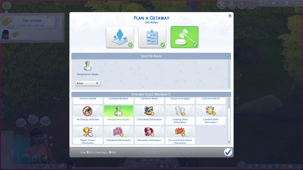 The Plan a Getaway menu showing challenges, with selected rules available, like Child Skills elimination.