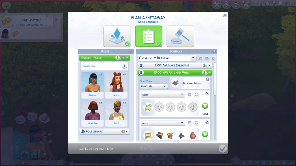 The Plan A Getaway menu in The Sims 4: Adventure Awats showing current roles and a schedule with activities.