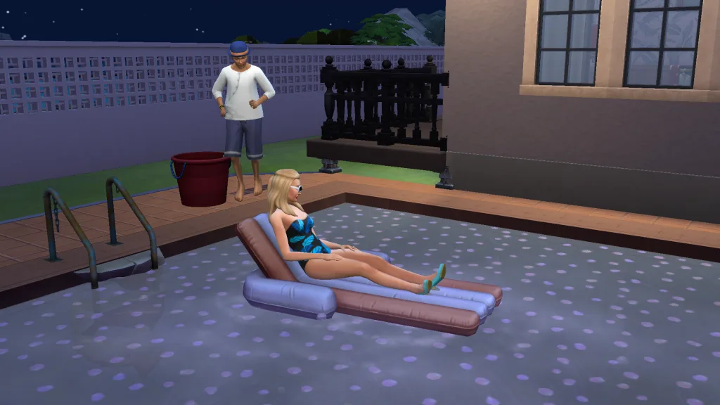 A Sim sleeping on a pool floatee in thee dark, while another Sim runs for the pool towards her.