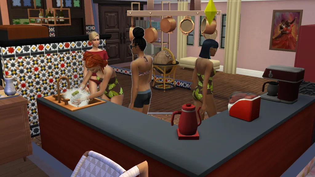 A large group of Sims in a busy, red kitchen in The Sims 4, with a kettle, ice cream maker, and coffee machine. They're in swimwear.