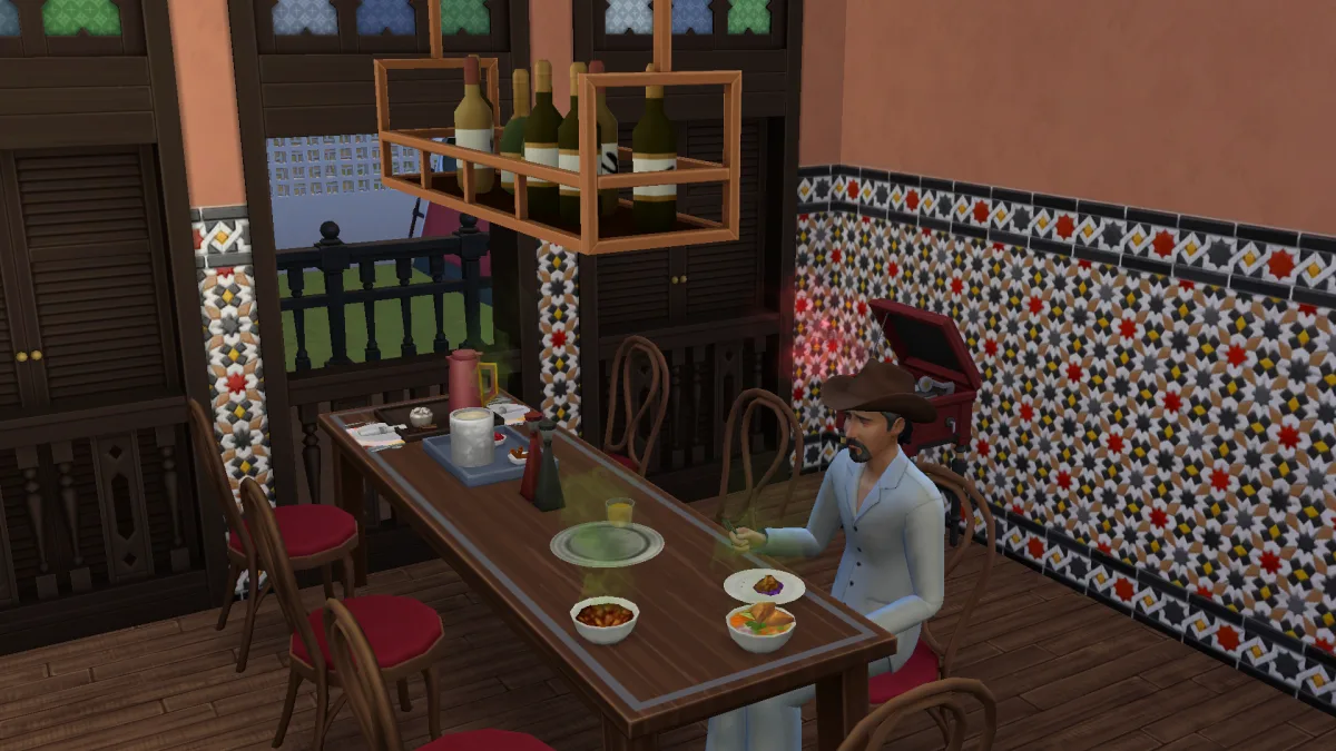 A man in a red kitchen in The Sims 4 eating food at a dinner table surrounded by dirty dishes and spoiled food.