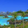 A glowing pool, palm trees, and mountains in The Sims 4's Gibbi Point in Adventure Awaits.