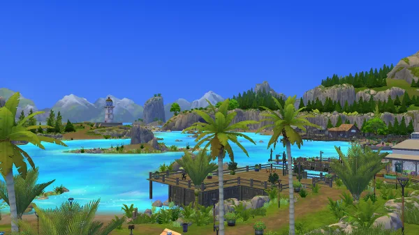 A glowing pool, palm trees, and mountains in The Sims 4's Gibbi Point in Adventure Awaits.