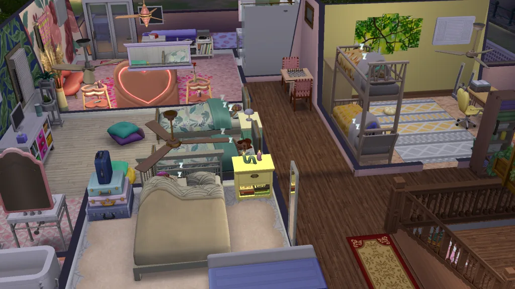 A hotel with several rooms and many Sims sleeping in there, each room decorated in a different colour with different styles and clutter.