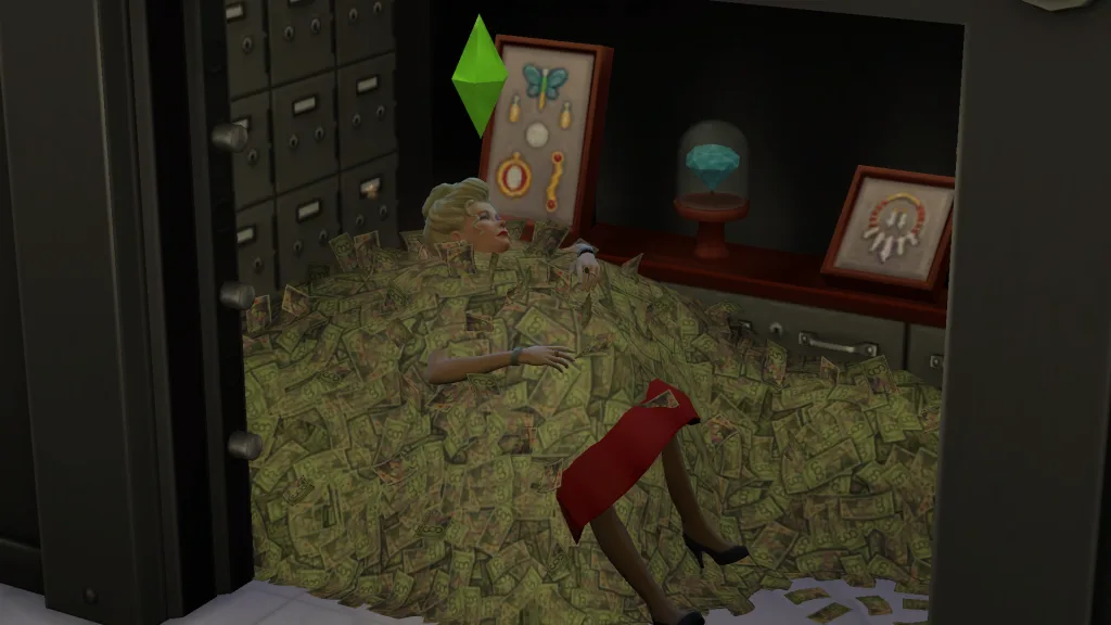 Judith Ward sleeping in a pile of cash in a vault in The Sims 4: Get Famous, with jewels behind her.