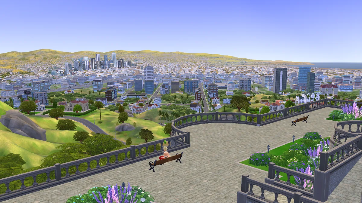 Judith Ward overlooking Del Sol Valley from a bench on her estate in The Sims 4: Get Famous.