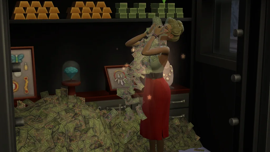 Judith Ward rubbing piles of money on her face in a vault in The Sims 4: Get Famous, surrounded by gold, jewellery, and more money.