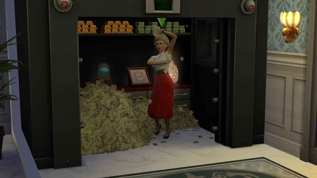 Judith Ward using money in a vault in The Sims 4: Get Famous to shower in her estate in Del Sol Valley.