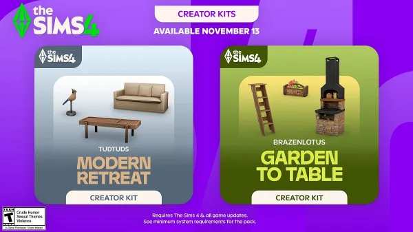 Two sets of logos for expansions in The sims 4 titled Modern Retreat and Garden to Table.