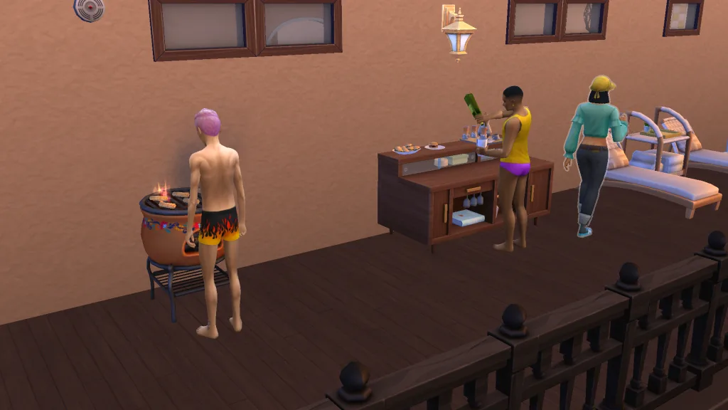 Three Sims spending time together on a deck, one grilling while another mixes drink and another heads for a lounger.